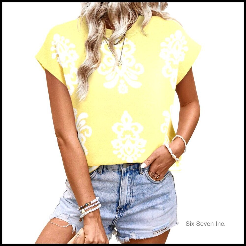 Lightweight Knit Sweater Vest Boho Printed Cap Sleeve Crewneck Pullover Top